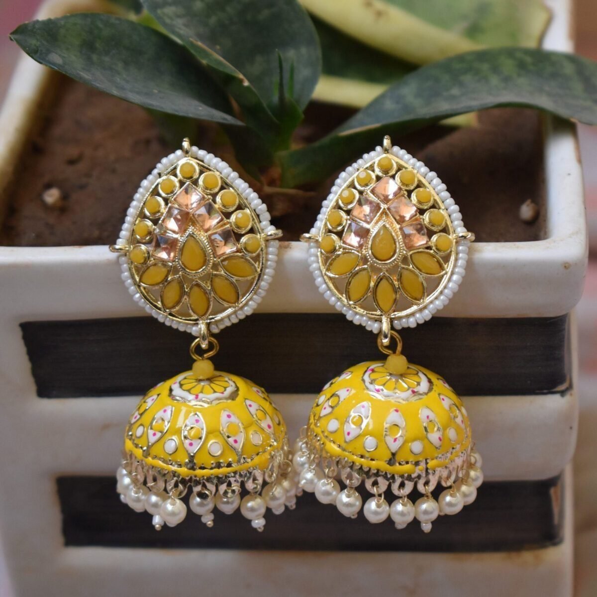 Pink Kundan Meenakari Studded Wedding Jhumka Earrings for Women