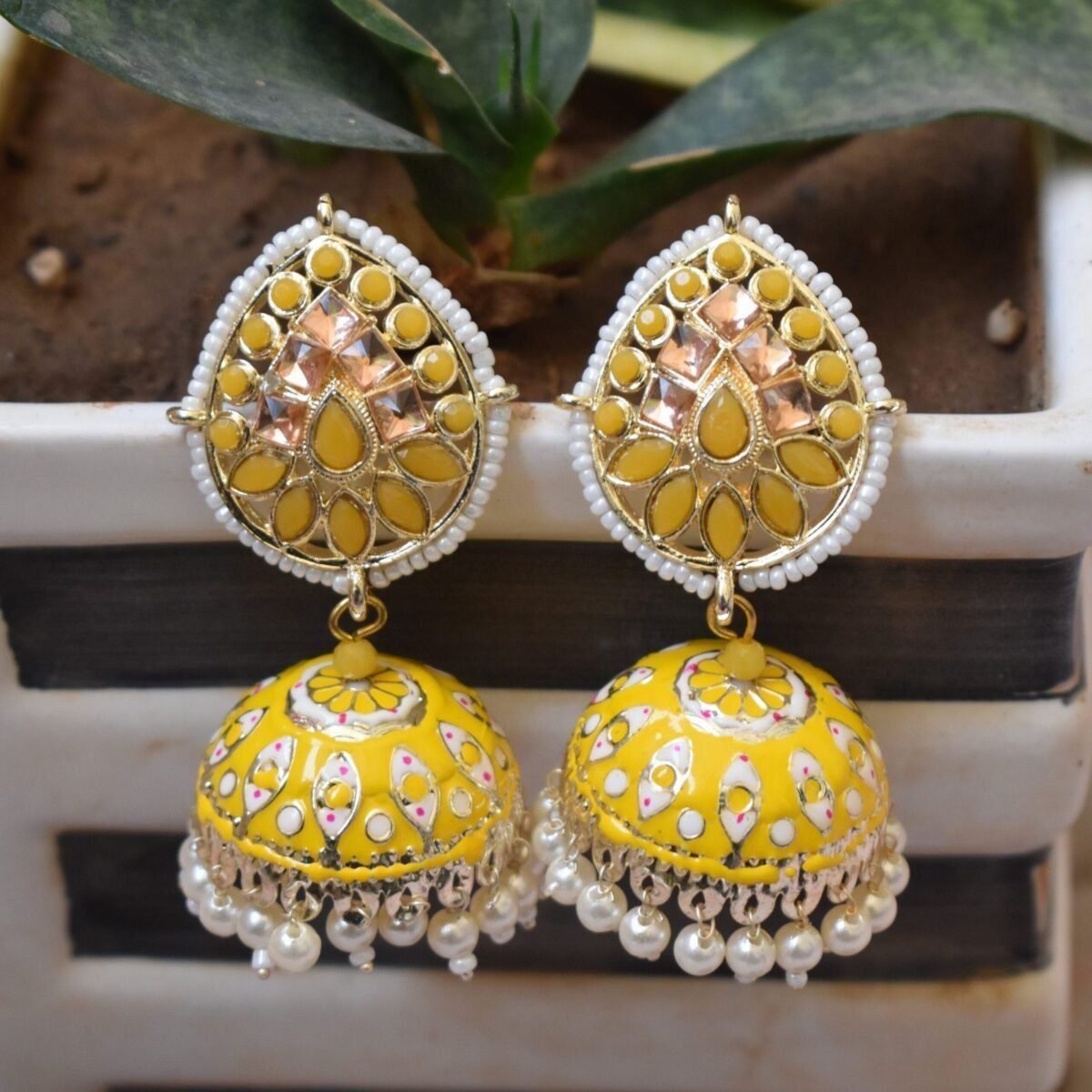 Pink Kundan Meenakari Studded Wedding Jhumka Earrings for Women