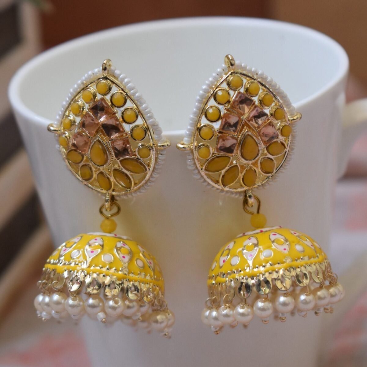 Pink Kundan Meenakari Studded Wedding Jhumka Earrings for Women