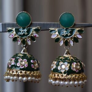 Green Kundan Meenakari Jhumka Earrings for Women Wedding Jewelry