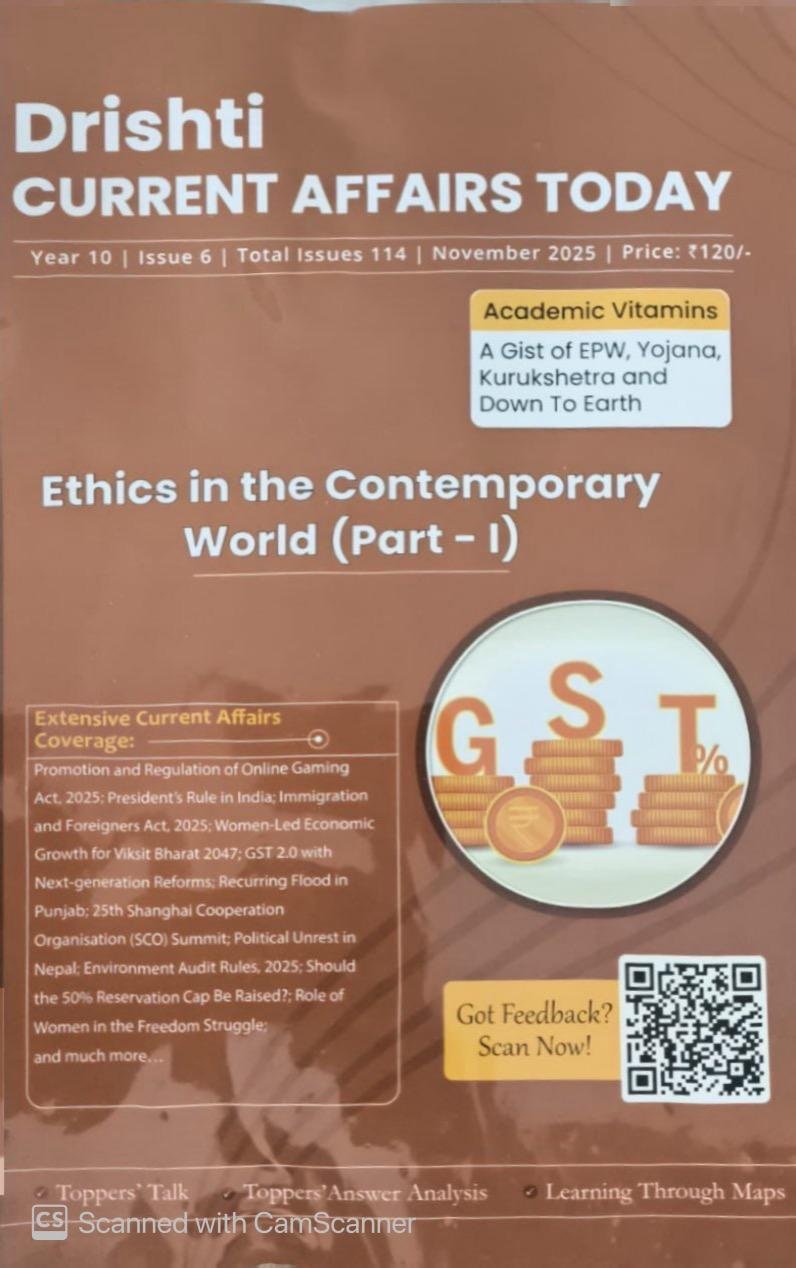 Drishti Current Affairs Today November 2025, GST November 2025 Edition, Drishti Magazine Ethics in the Contemporary World (Part-1) By Drishti Publication